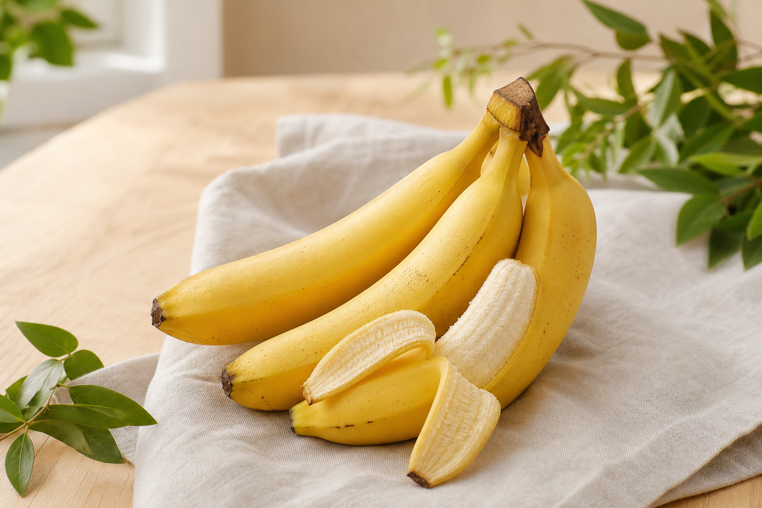 Mogna gula bananer på ett ljust träbord