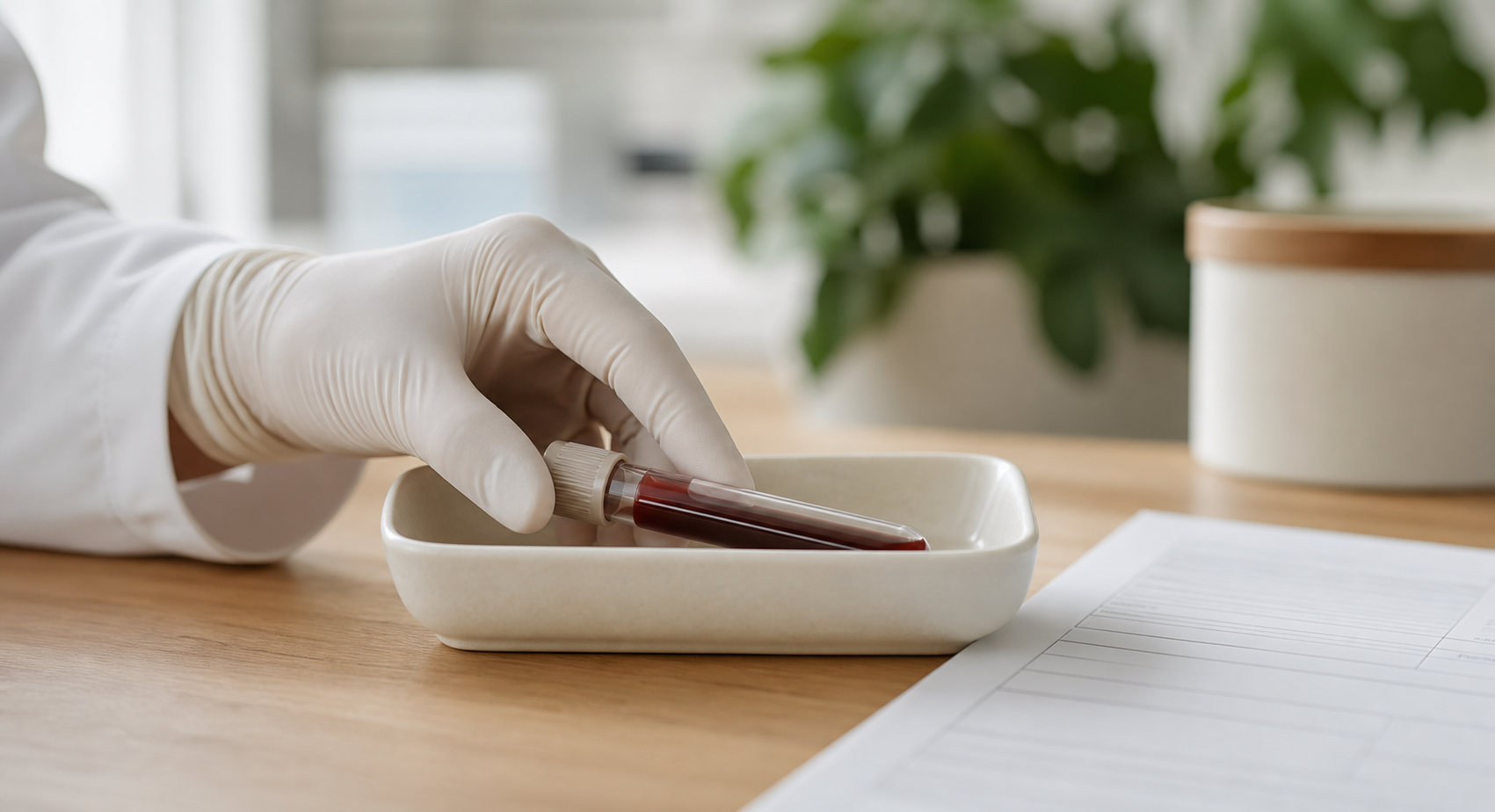 Ett förseglat blodprov i en lugn klinikmiljö