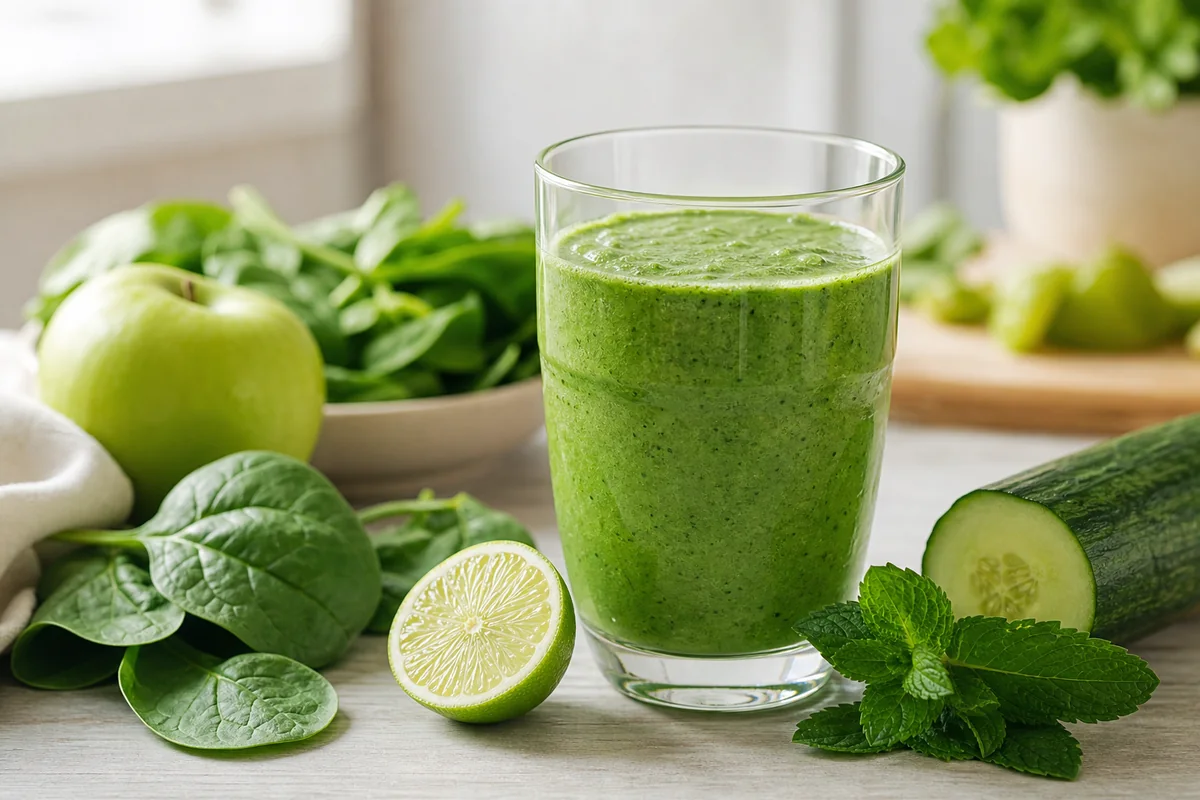 Grön smoothie med spenat, äpple, gurka och lime