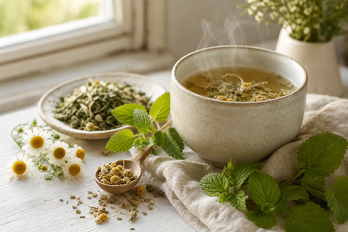 Örtte med kamomill, citronmeliss och mynta